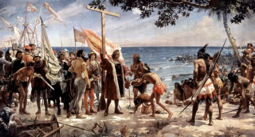 „Pierwszy hołd dla Kolumba” autorstwa Garnelo (1892, olej na płótnie)
