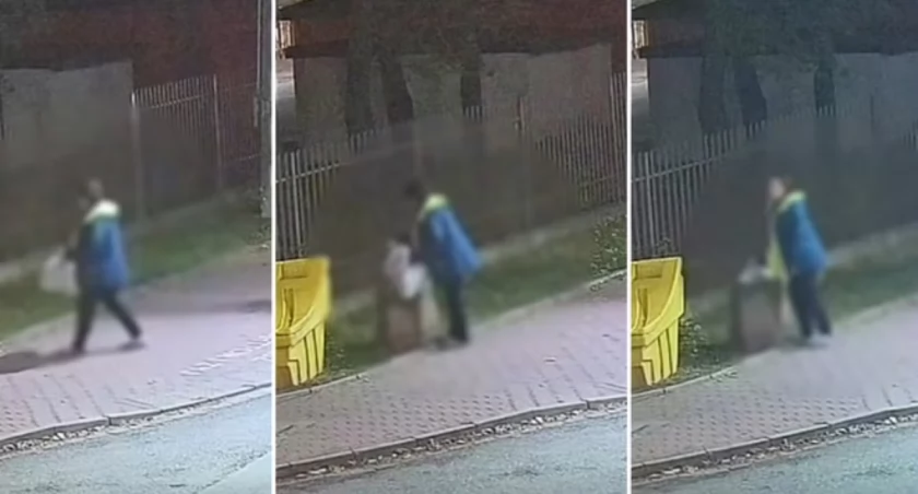 Kobietę nagrał monitoring, jak wyrzuca reklamówkę śmieci do ulicznego kosza. Foto: Wołomin / Facebook